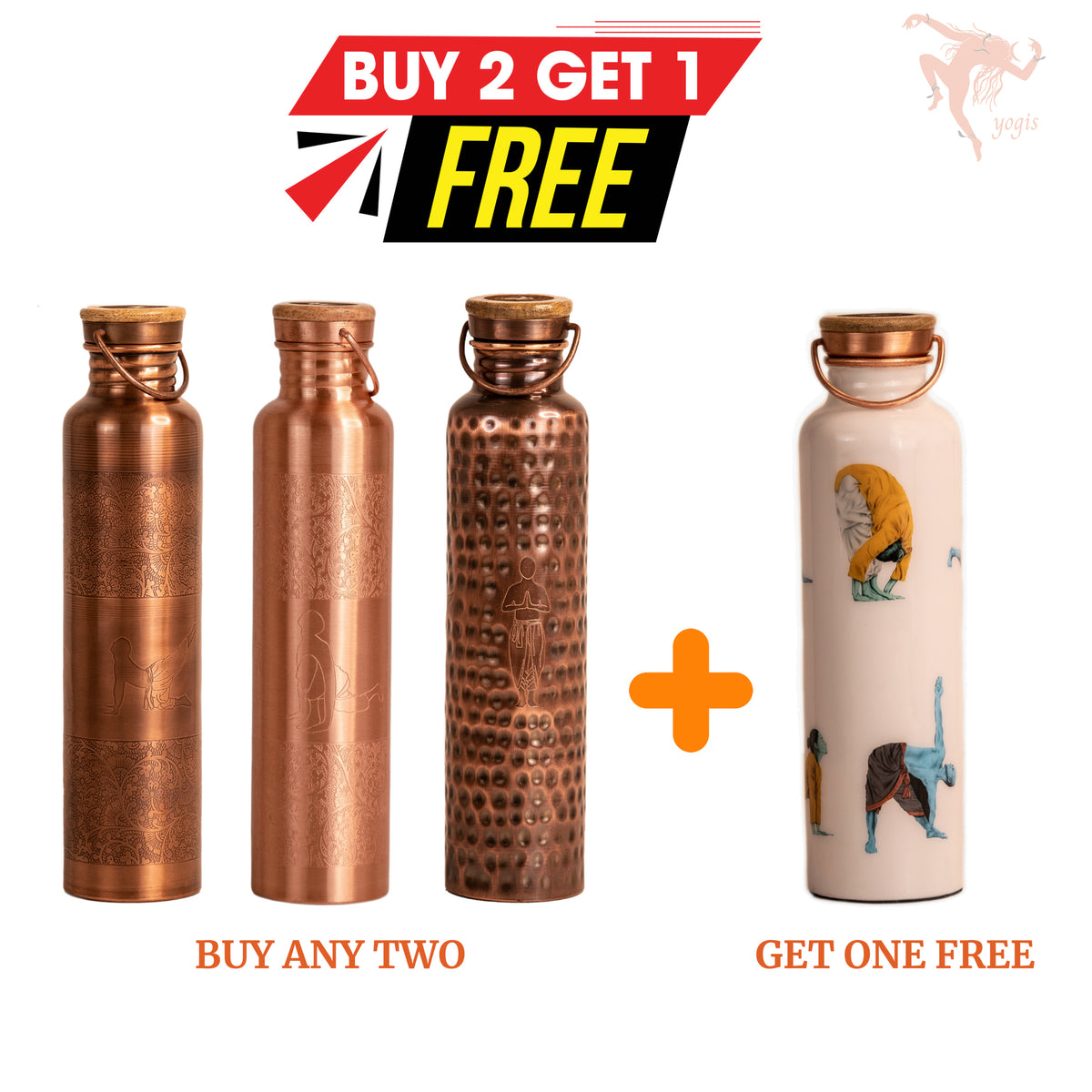 Copper Bottle - Flower and 4 Yoga Posture - Antique