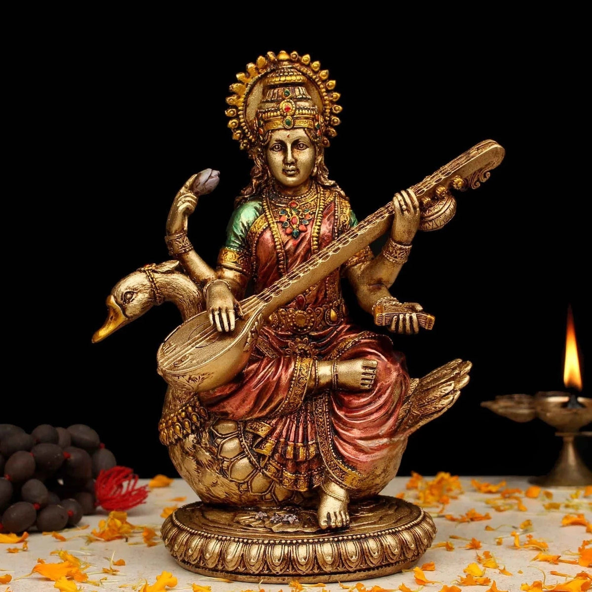 Resin Copper Saraswati Sitting on Swan 8"