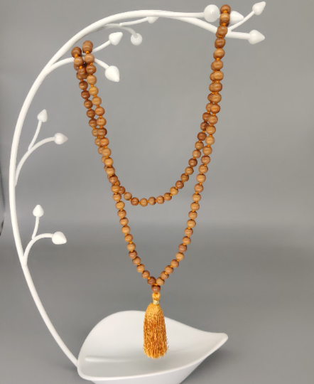 Sandalwood Mala (Scented) 8mm 108 knotted 34inch,  Handmade Necklace,  Hindu Buddhist Prayer Beads, Saffron tussle, Combo pack