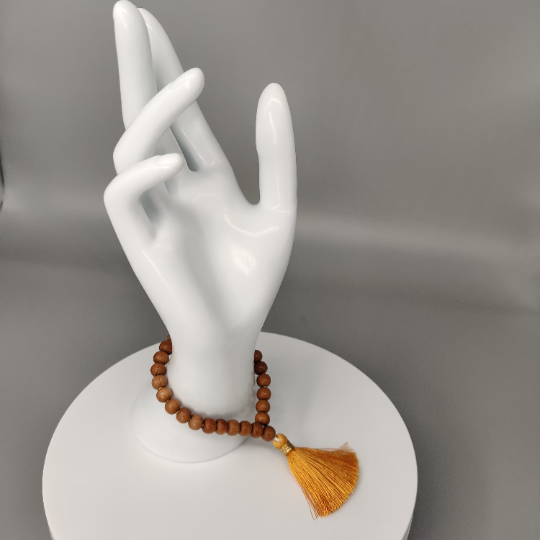 Sandalwood Mala (Scented) 8mm 108 knotted 34inch,  Handmade Necklace,  Hindu Buddhist Prayer Beads, Saffron tussle, Combo pack