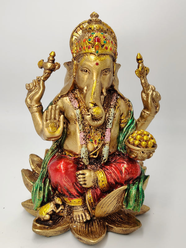 Ganesha Sitting in Lotus Statue Brass 5inch
