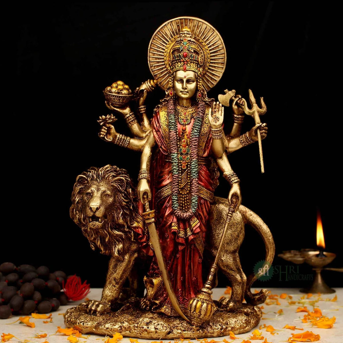 Resin Copper Durga Sitting on Lion 12"
