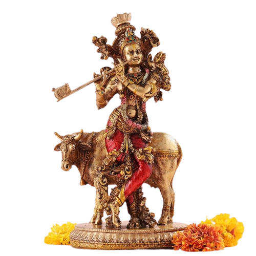 Resin Copper Krishna Standing With Cow 10"