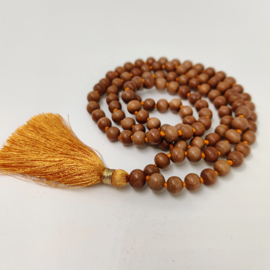 Sandalwood Mala (Scented) 8mm 108 knotted 34inch,  Handmade Necklace,  Hindu Buddhist Prayer Beads, Saffron tussle, Combo pack