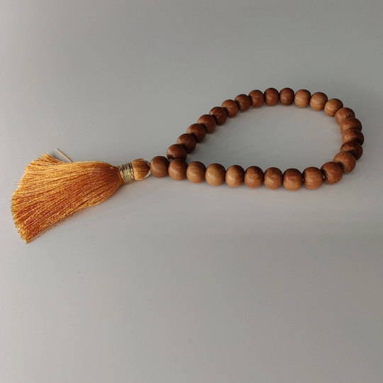 Sandalwood Mala (Scented) 8mm 108 knotted 34inch,  Handmade Necklace,  Hindu Buddhist Prayer Beads, Saffron tussle, Combo pack